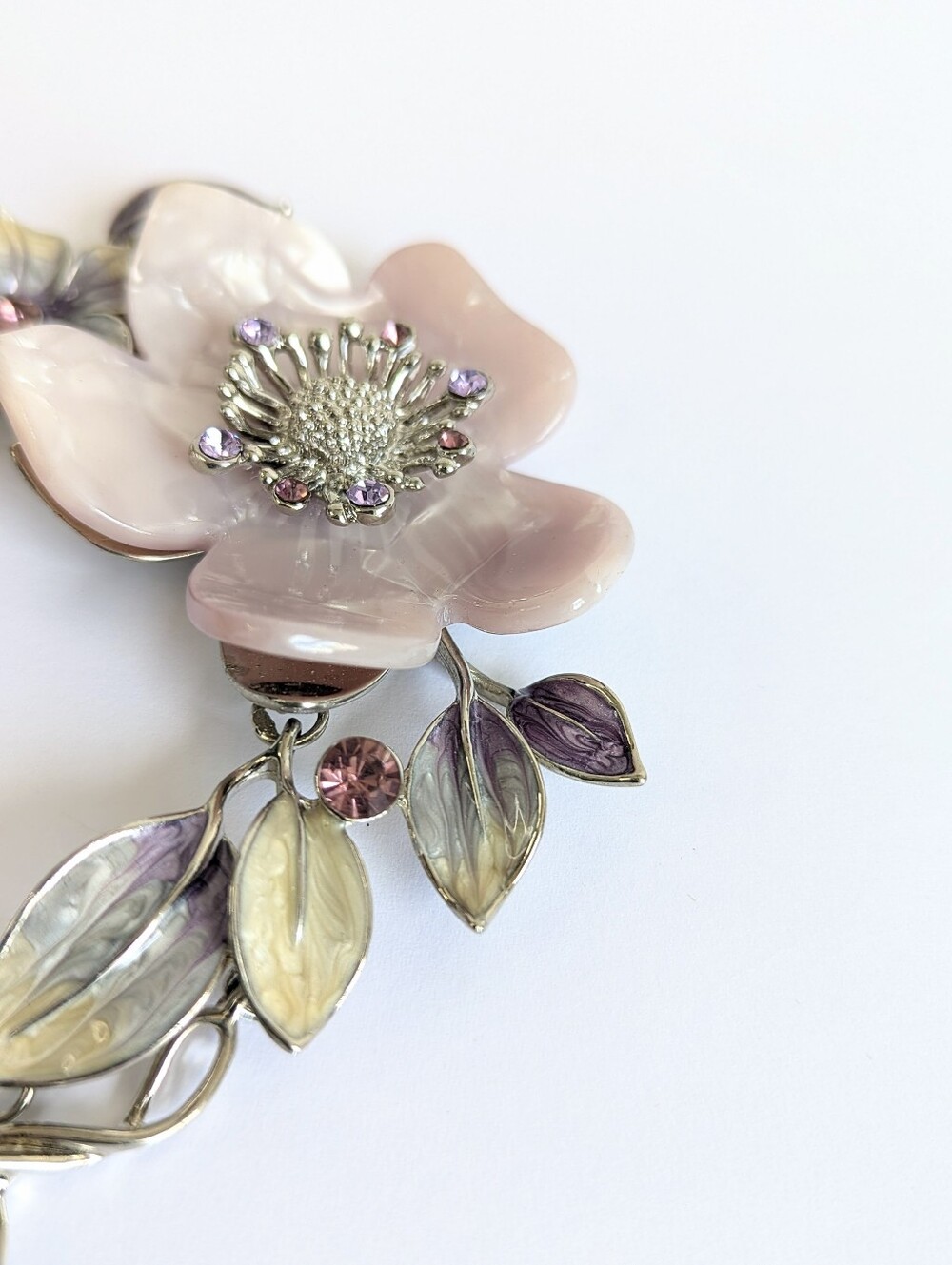 Pink Acrylic Flower Statement Necklace Enamel Floral Rhinestone Silver Tone Bib - Picture 3 of 7
